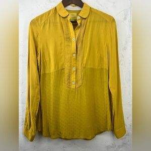 Maeve Anthropologie Mustard Yellow Blouse Half Button Long Sleeve size 6